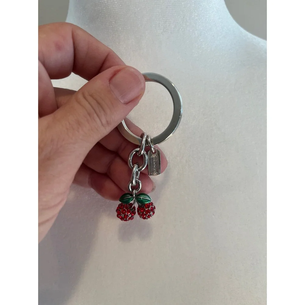 Coach Red Pave Crystal Cherry Keychain Bag Charm Silver Tone 3D Fruit Accessory